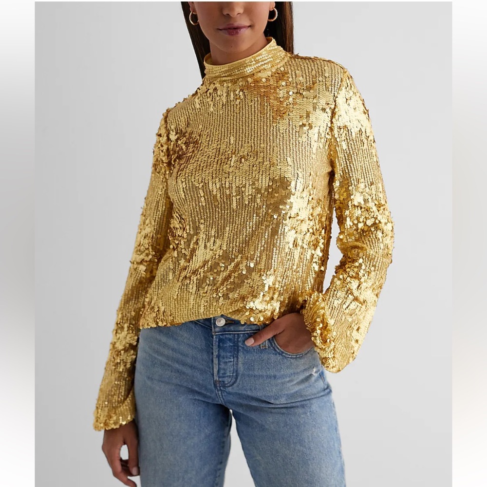 Brand New Express Sequin Mock Neck Balloon Sleeve Top